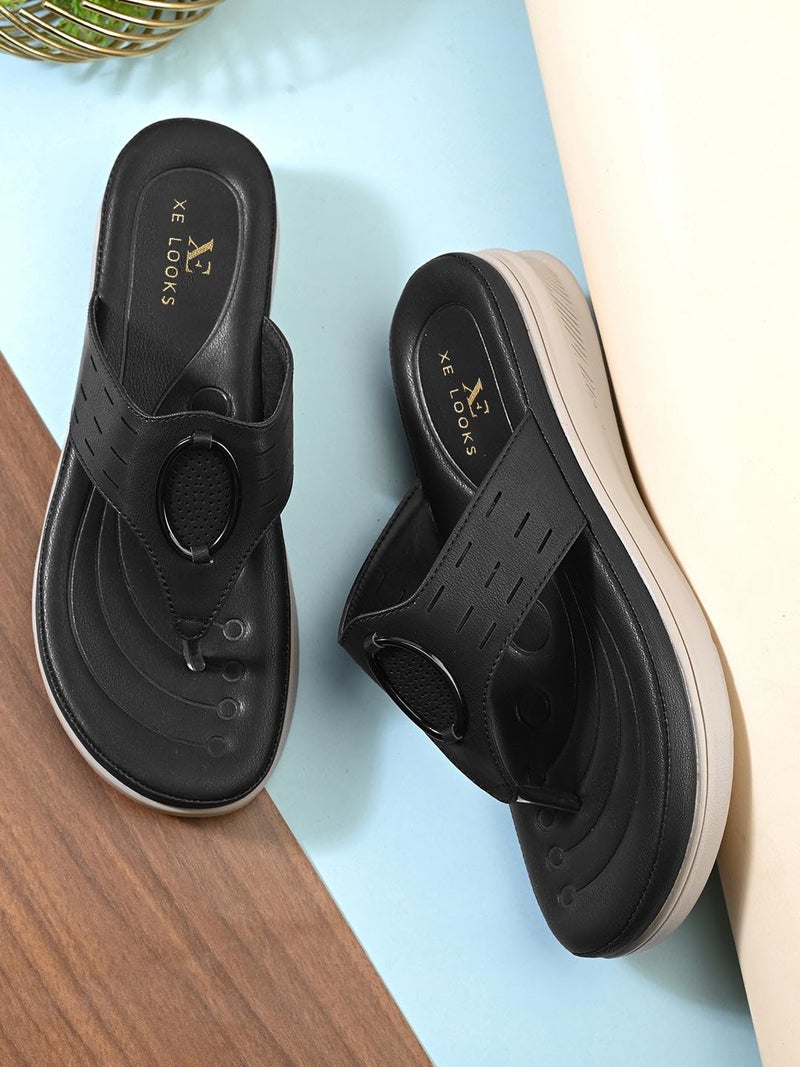 XE Looks Women's Black Toe-Ring Comfort Slip-On Sandal with Oval Cutwork Design - Image 2