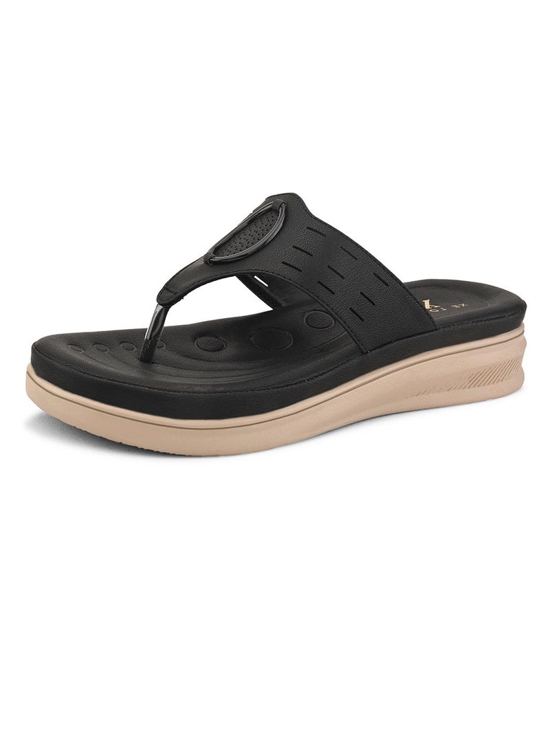 XE Looks Women's Black Toe-Ring Comfort Slip-On Sandal with Oval Cutwork Design - Image 1