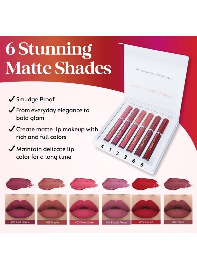 JANIWA Vegan Velvet Matte Liquid Lipstick Set 6 Pieces – Waterproof, Transfer & Smudge Proof, Long Lasting Nude & Bold Shades - Image 2
