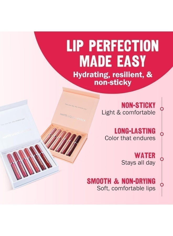 JANIWA Vegan Velvet Matte Liquid Lipstick Set 6 Pieces – Waterproof, Transfer & Smudge Proof, Long Lasting Nude & Bold Shades - Image 3