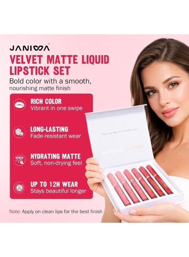 JANIWA Vegan Velvet Matte Liquid Lipstick Set 6 Pieces – Waterproof, Transfer & Smudge Proof, Long Lasting Nude & Bold Shades - Image 5