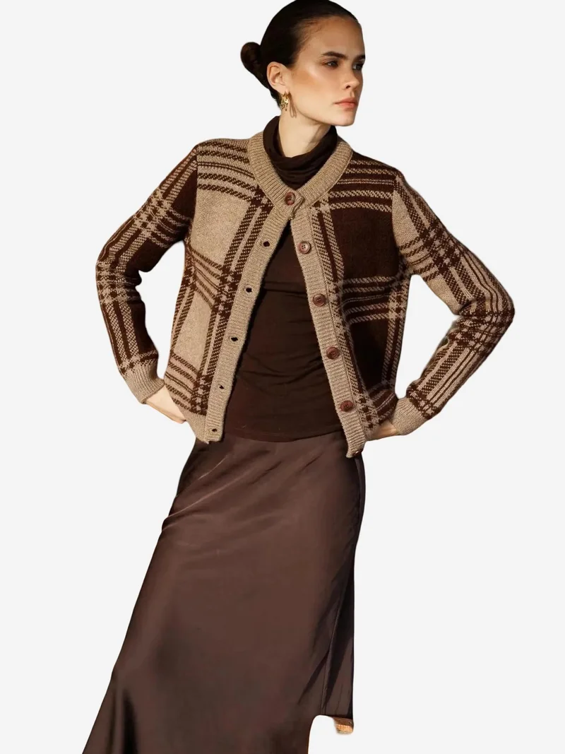 ميكسراي MIXRAY Plaid Checkered Knit Cardigan with Button Closure