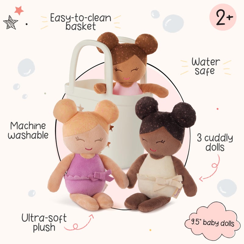 LullaBaby â€“ 3 Pieces Set of Soft Plush Dolls for Real Water Play â€“ Carrying Basket with Cute Star Cutouts â€“ Pretend Play â€“ Tub Toys for Kids 2+ Yearsâ€“ Bath Yoy Bundle - Image 2