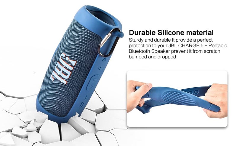 Comecase Silicone Case Cover for JBL Charge 5 Waterproof Portable Bluetooth Speaker, Travel Carrying Protective Gel Soft Skin, Waterproof Rubber Pouch with Shoulder Strap and Carabiner - Blue - Image 4