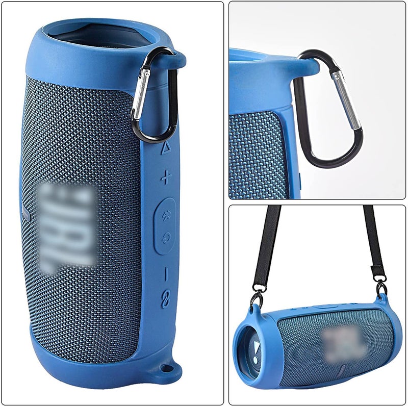 Comecase Silicone Case Cover for JBL Charge 5 Waterproof Portable Bluetooth Speaker, Travel Carrying Protective Gel Soft Skin, Waterproof Rubber Pouch with Shoulder Strap and Carabiner - Blue - Image 3
