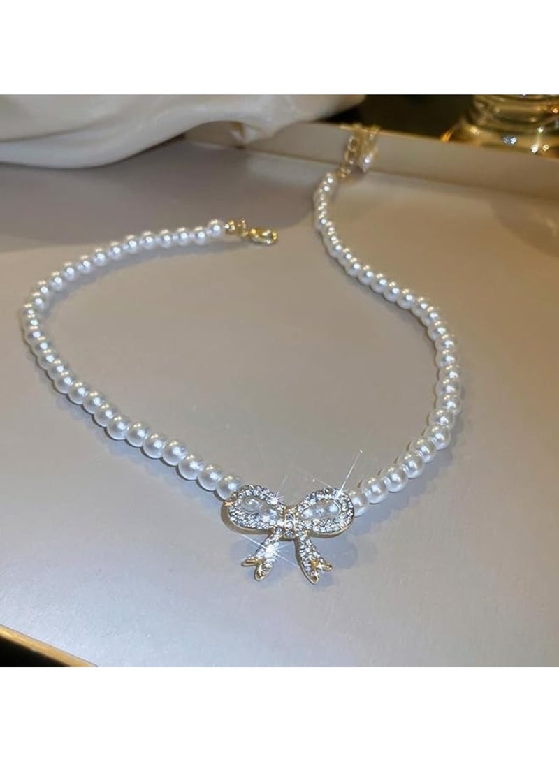 Huitich Pearl Necklace with Crystal Bow Pendant  - Image 4