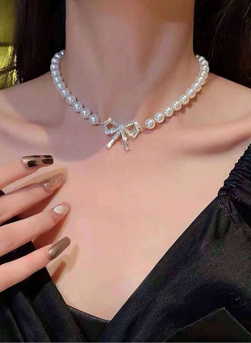 Pearl Necklace with Crystal Bow Pendant
