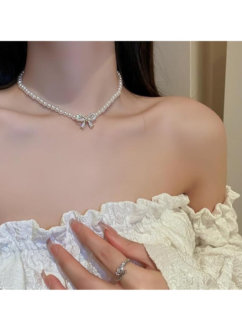 Huitich Pearl Necklace with Crystal Bow Pendant  - Image 5