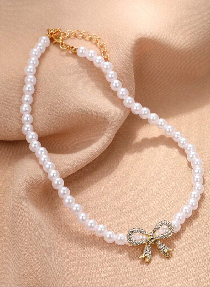 Pearl Necklace with Crystal Bow Pendant