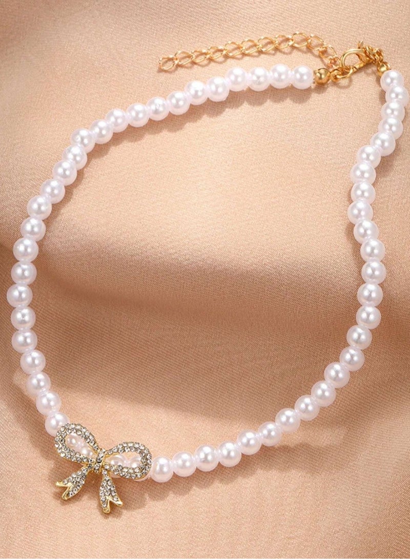 Pearl Necklace with Crystal Bow Pendant