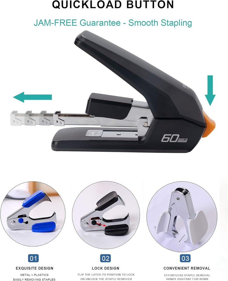 Leven Deli Effortless Heavy Duty Stapler, One Touch Stapling, Easy to Load Ergonomic Stapler, 60 Sheet Capacity, Includes 2000 Staples and Staple Remover for Desktop - Image 5