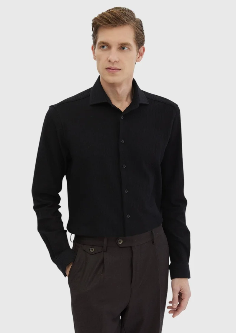 Ramsey Black Striped Casual Fit Long Knitting Casual 100% Cotton Shirt