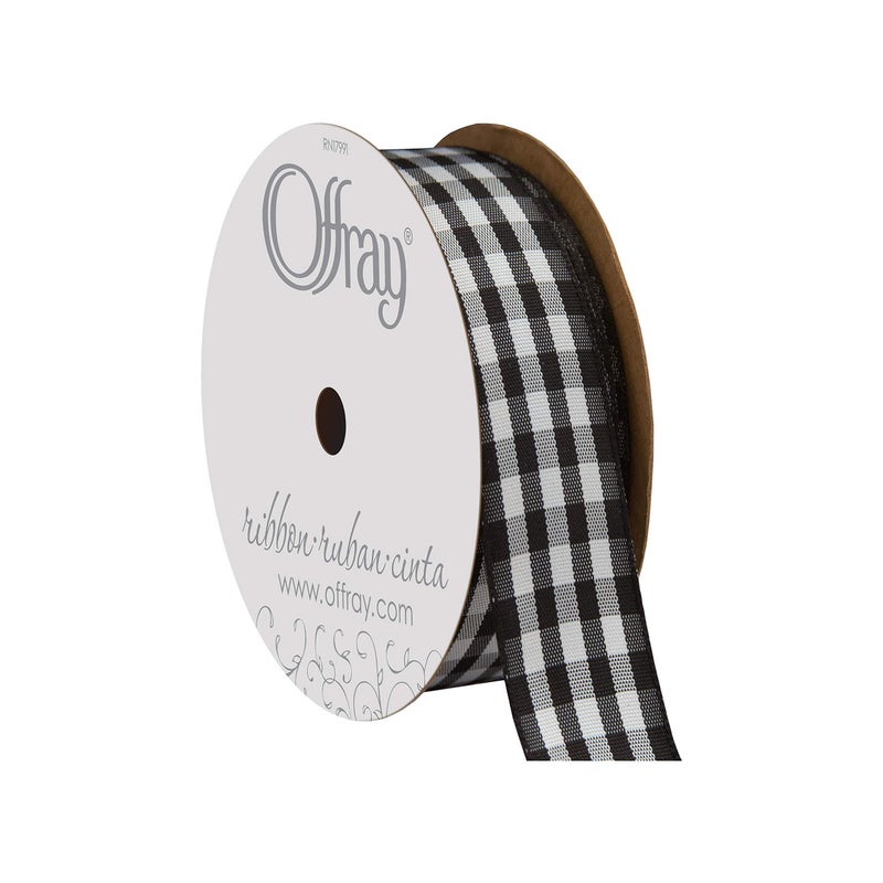 Offray Taffeta Gingham Check Craft Ribbon, 7/8-Inch x 9-Feet, Black - Image 1