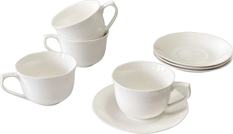 MIWARE 8 Ounce Porcelain Cappuccino Cups with Saucers - Set of 4, Perfect for Specialty Coffee Drinks, Latte, Cafe Mocha and Tea, Ivory White - Image 1