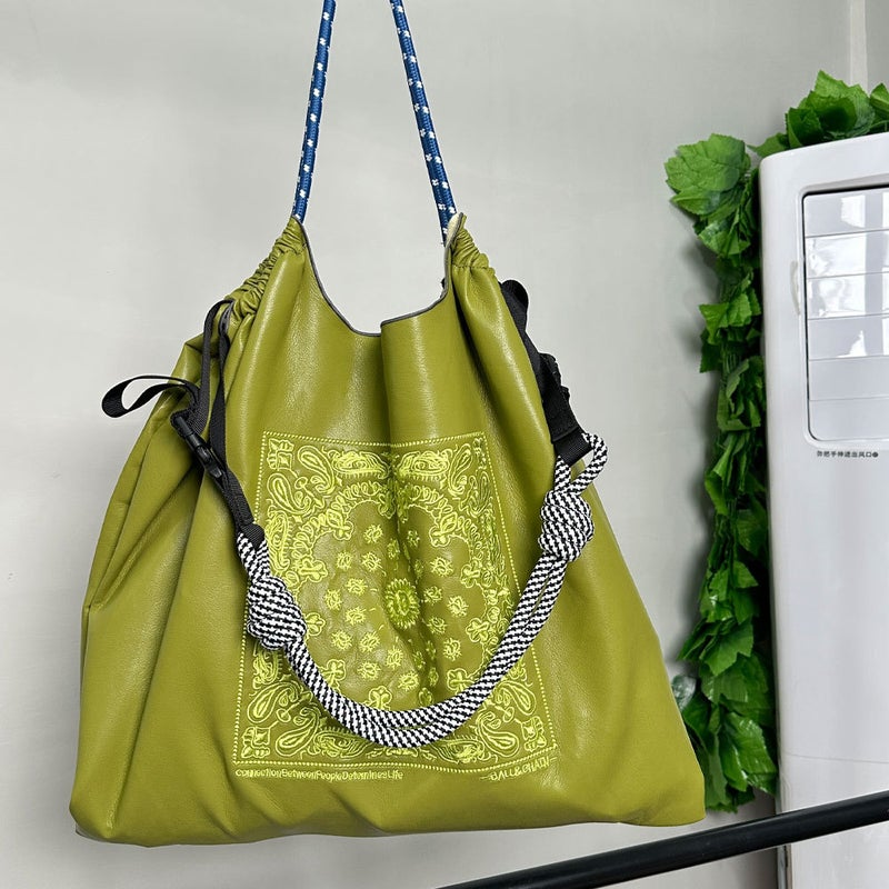 Embroidered Leather Tote Bag for WomenGreen leather cashew flower Green leather cashew flower
