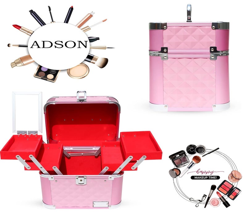 ADSON Professional Aluminium Beauty Makeup Cosmetic Metal Vanity Case/Box With Solid Mirror(Diamond Rose Pink) - Image 4