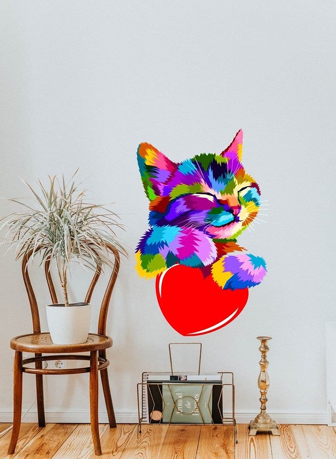 RNG ملصق حائط من الفينيل PVC الملون من RNG GRAPHICS بتصميم قطة صغيرة ملونة لتزيين غرفة الأطفال - فن حيواني، متعدد الألوان، عصري، 35 سم × 60 سم - ذاتي اللصق - Image 4