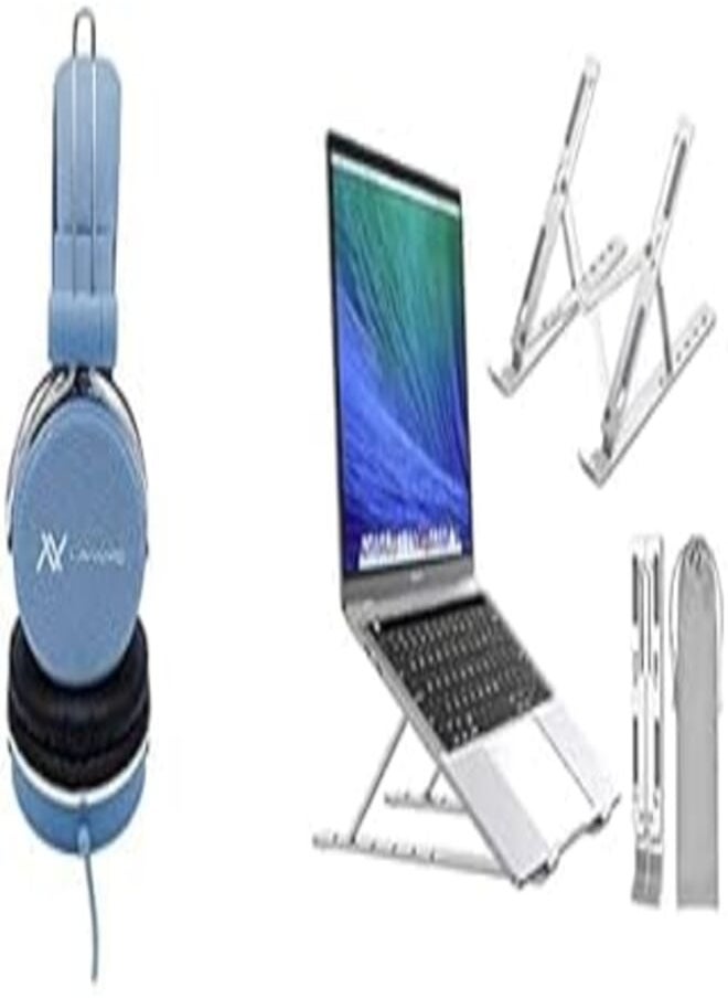 L'avvento Laptop Essentials Bundle (L'avvento (HP06L) Headphone Stereo Golden Plug With 40mm Speaker Driver - 1.5M - Blue + UGREEN Laptop Stand Aluminum Alloy Adjustable, Ergonomic, Portable Laptop Stand) 