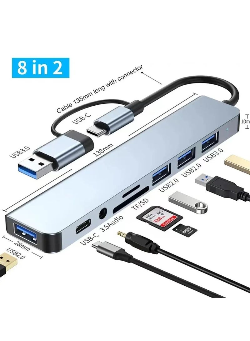 USB C + USB Type A Hub 8 in1, USB C Adapter with Two USB-C Ports, USB 3.0, SD / TF Card Reader, Compatible with MacBook Pro & Air USB C Laptop and Other Type C Devices  - Image 2