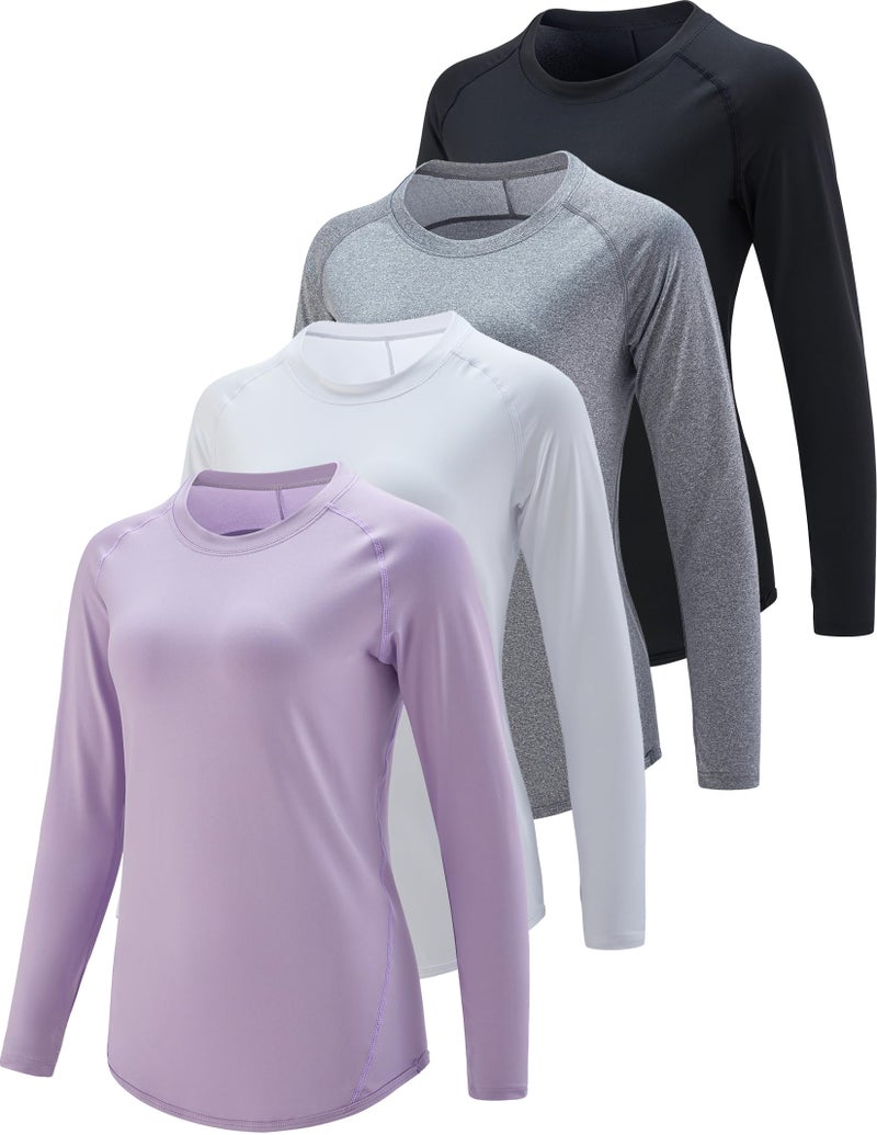 Liberty Pro 4-Pack: Womens Long Sleeve Athletic Tops with Thumb Holes – Dry Fit Active Crewneck Workout Tees (Set 7, X-Small) - Image 1