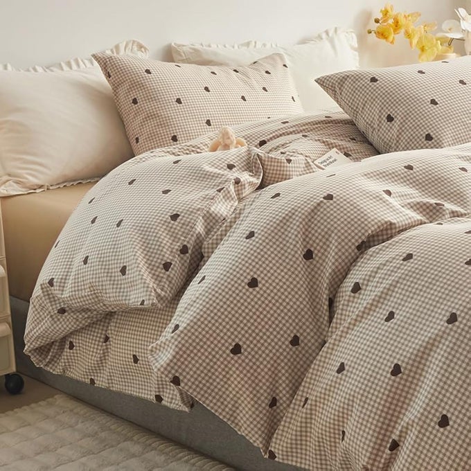 DUVET QUEEN SIZE COVER SET LITTLE BROWN HEARTS COMFORTER COVER WITH ZIPPER CLOSURE 3 PIECES INCLUDES 1 DUVET COVER 2 PILLOW SHAMS 100 COTTON QUEEN BEDDING SETS FOR TEEN GIRLS