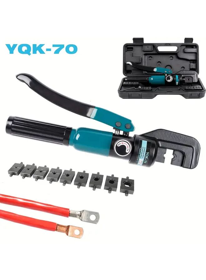 YQK 70 عدة أدوات العقص الهيدروليكية اليدوية، مجموعة واحدة بلون أزرق سماوي، مع 9 أزواج من القوالب مقاس 4-70 مم، مع مقبض معدني متين، مجموعة أدوات لتوصيل أطراف الكابلات الكهربائية والأسلاك للعقص، لا حاجة للكهرباء. - Image 1