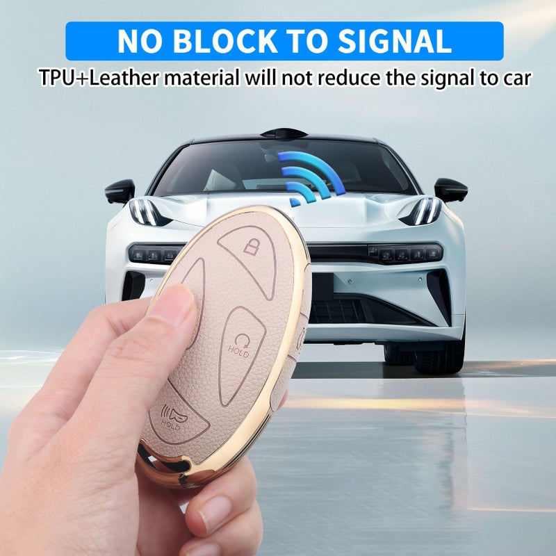 QBUC for Hyundai Key Fob Cover with Key Chain, Upper Leather + Soft TPU Car Key Case for Hyundai (Cream, 5 Buttons) - Image 4