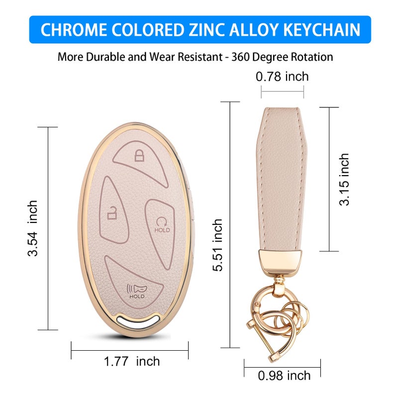 QBUC for Hyundai Key Fob Cover with Key Chain, Upper Leather + Soft TPU Car Key Case for Hyundai (Cream, 5 Buttons) - Image 3