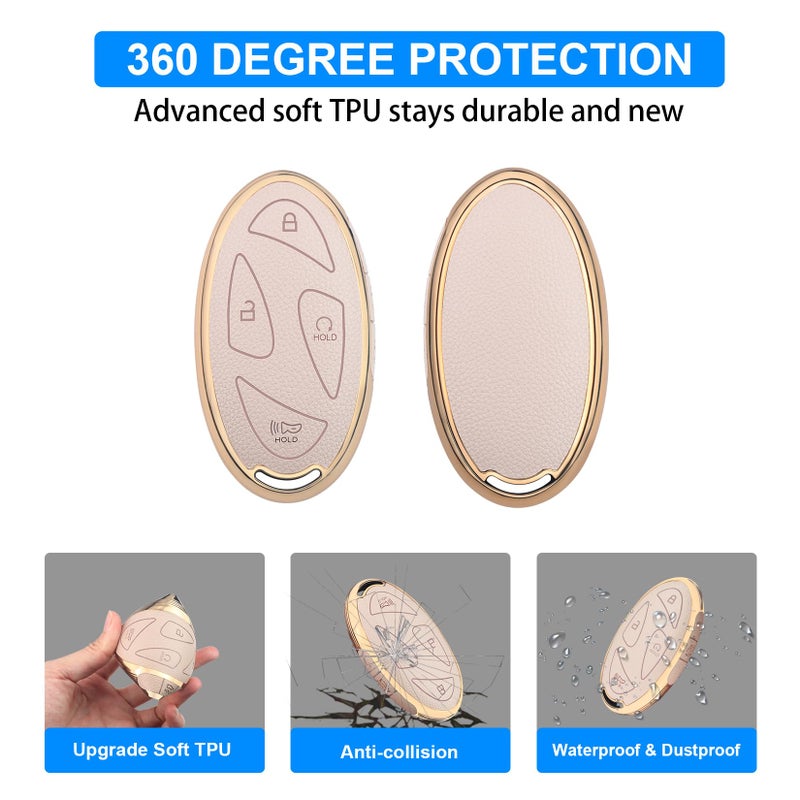 QBUC for Hyundai Key Fob Cover with Key Chain, Upper Leather + Soft TPU Car Key Case for Hyundai (Cream, 5 Buttons) - Image 5