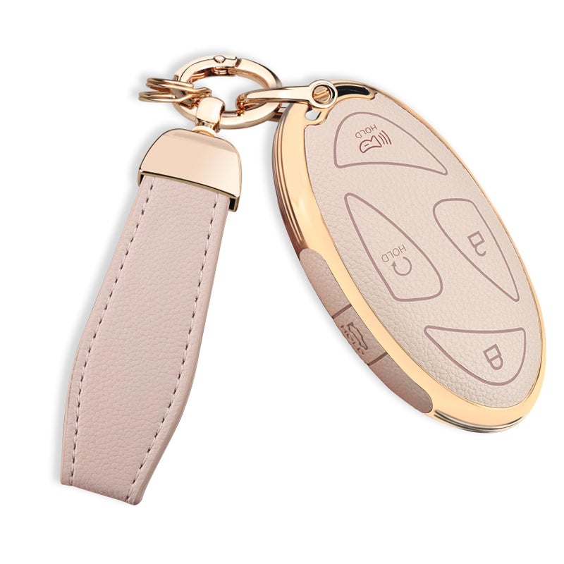 QBUC for Hyundai Key Fob Cover with Key Chain, Upper Leather + Soft TPU Car Key Case for Hyundai (Cream, 5 Buttons) - Image 1
