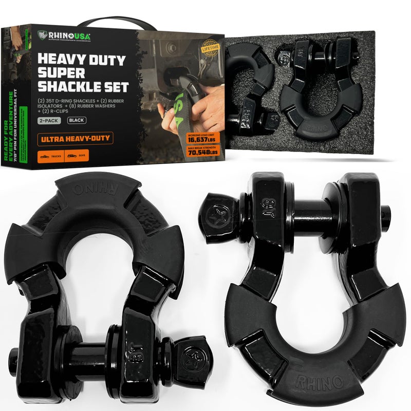 Rhino USA Rhino USA Super D Ring Shackles (2-Pack) - 70,548lb Break Strength – Heavy Duty 3/4" Clevis Shackle with 7/8 Pin for Towing & Off-Road Use - Pairs with Tow Strap for Vehicle Recovery (Black) - Image 1