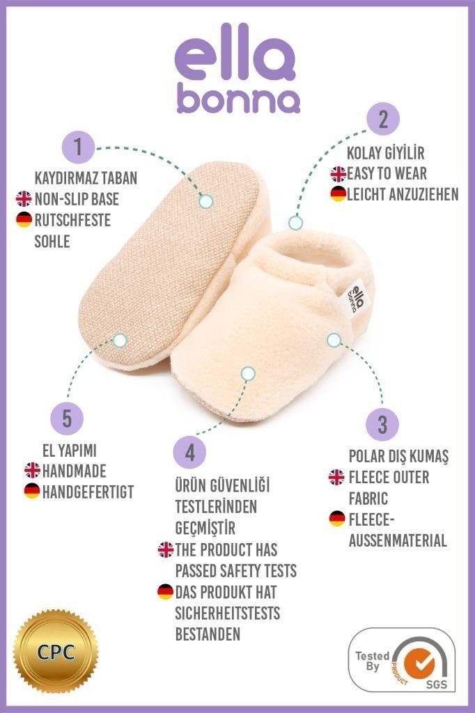 Ella Bonna Polar Baby Slippers Home Booties Non-Slip Sole Organic Cotton Lining Nursery Shoes Beige  - Image 2