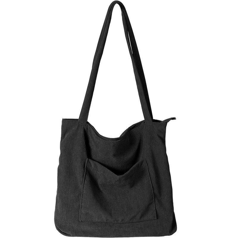 WantGor Women Corduroy Tote, Large Shoulder Hobo Bags Casual Handbags Big Capacity Shopping Purses Work Bag (Black) - Image 1