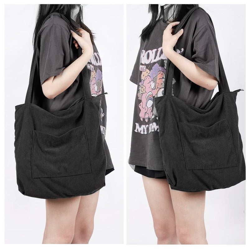 WantGor Women Corduroy Tote, Large Shoulder Hobo Bags Casual Handbags Big Capacity Shopping Purses Work Bag (Black) - Image 5