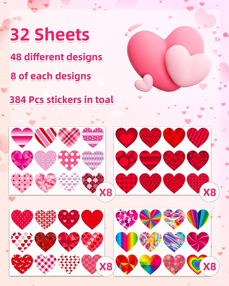 Ozepao 32 Sheets Heart Stickers  384 Pcs Valentines Day Stickers For Kids  Holiday Sticker For Envelopes  Cards Or Gifts Bags Decor (48 Designs 8 Each) - Image 2