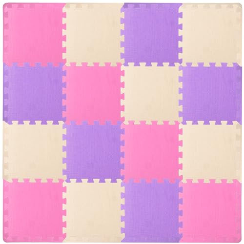 ProSource Foam Puzzle Floor Play Mat for Kids and Babies with Solid Colors 36 or 16 Interlocking Tiles with Borders PinkPurpleBeige