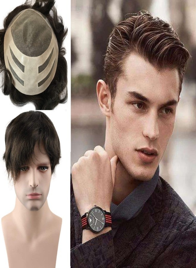 Voloria Mono Lace with Soft Thin Durable Skin Toupee For Men with 10"X8" European Virgin Human Hair Slight Wave Men's Replacement Hairpieces Wigs #4A Brown Color - Image 1