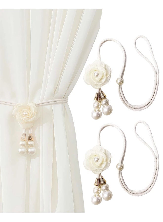 2 Pack Rope Curtain Tiebacks, Window Curtain Treatment Holdbacks Tie Back Holders With Pearl Flower For Home Bedroom Office Indoor & Outdoor Elegant Decorative Boho Flower - Image 1