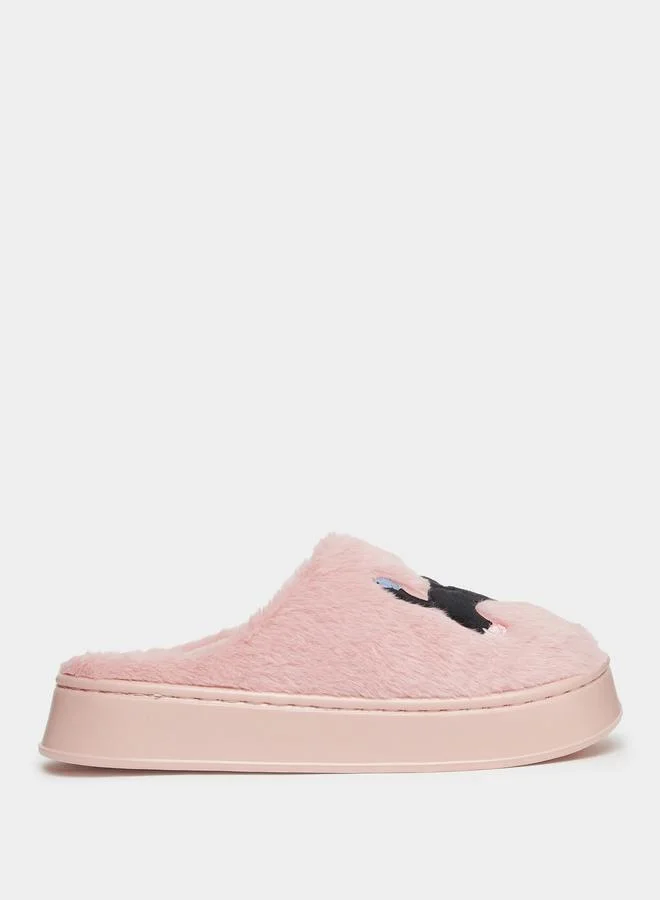 Take Two Solid Plush Embroidered Cat Bedroom Slippers