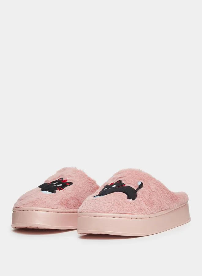 Take Two Solid Plush Embroidered Cat Bedroom Slippers