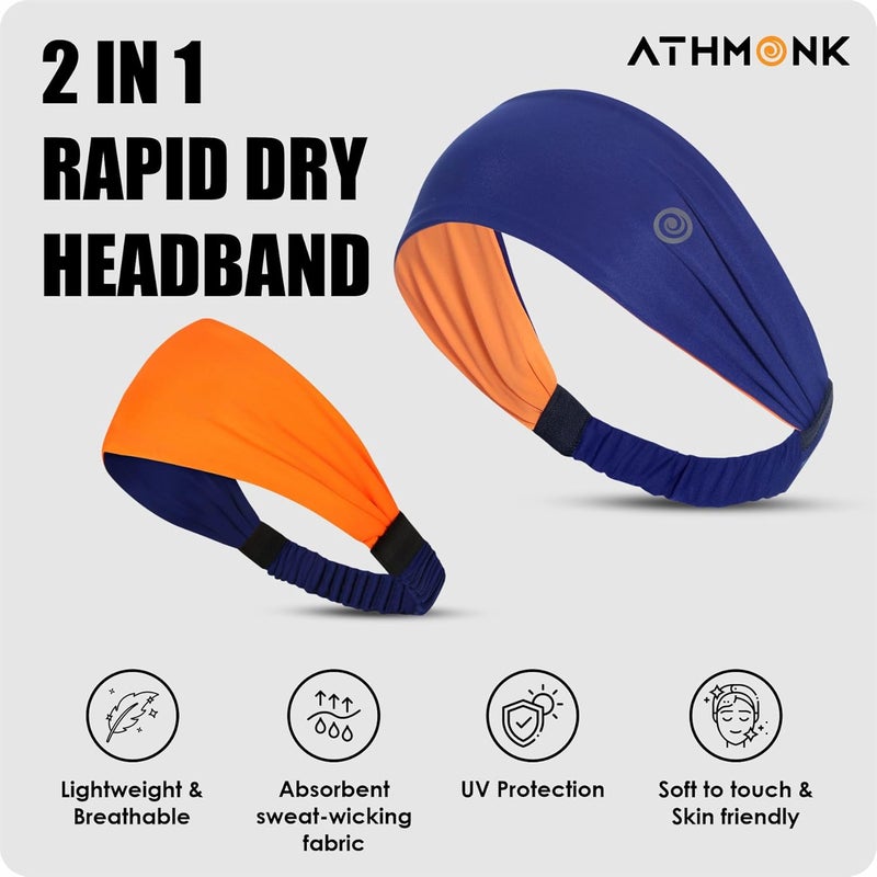 Athmonk Lycra Multipurpose Reversible Headband For Men Women, Colorful Stylish Sweatband Quick Dry Manage Long Hair Wide Snug Fit Elastic For Sports, Running, Gym, Cricket, Badminton, Orange - Image 2