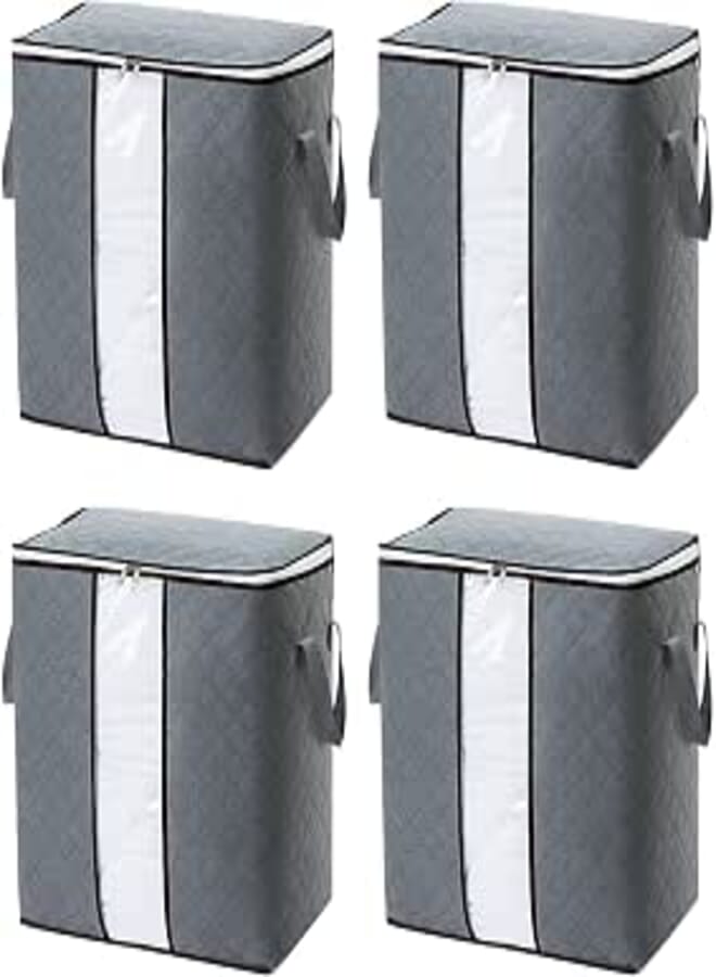 flintronic Foldable Clothes Storage Bag, Large Capacity, Pack of 4, Grey