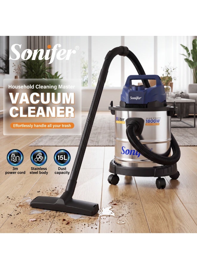 Sonifer SF-2292 15L Wet & Dry Vacuum Cleaner, 1800W Powerful Motor, Stainless Steel Tank, Strong Suction and Blowing Function, Portable Wheeled Design, Flexible Cleaning Hose and Versatile Accessories for Household, Office, Garage and Car Cleaning - Image 2