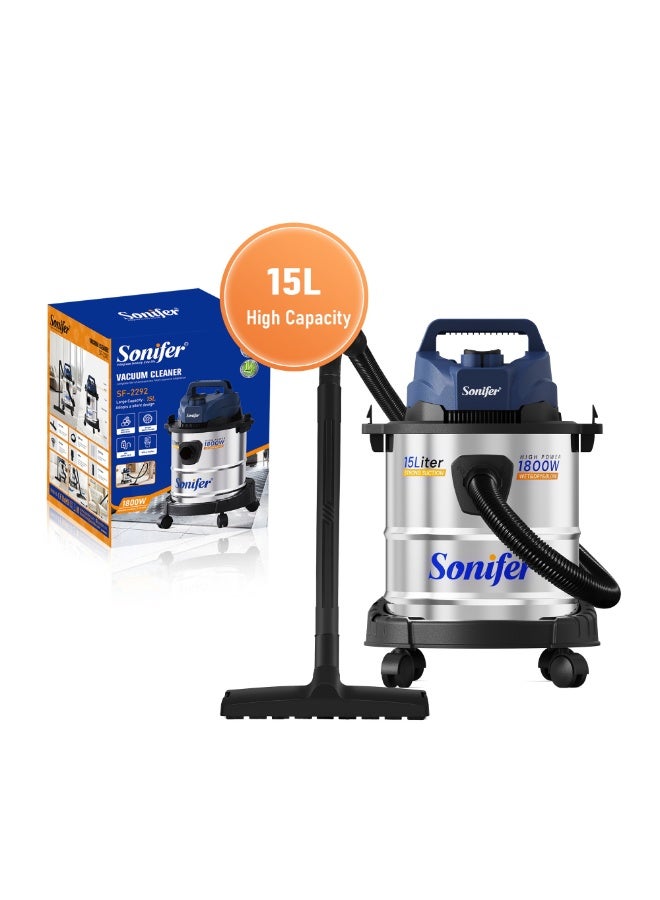 Sonifer SF-2292 15L Wet & Dry Vacuum Cleaner, 1800W Powerful Motor, Stainless Steel Tank, Strong Suction and Blowing Function, Portable Wheeled Design, Flexible Cleaning Hose and Versatile Accessories for Household, Office, Garage and Car Cleaning - Image 1
