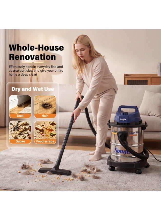 Sonifer SF-2292 15L Wet & Dry Vacuum Cleaner, 1800W Powerful Motor, Stainless Steel Tank, Strong Suction and Blowing Function, Portable Wheeled Design, Flexible Cleaning Hose and Versatile Accessories for Household, Office, Garage and Car Cleaning - Image 4