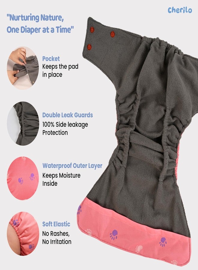 Cherilo حفاضات شيريلو القماشية القابلة لإعادة الاستخدام للأطفال حديثي الولادة من عمر 0 إلى 3 سنوات، مانعة للتسرب، حفاضات قماشية قابلة للغسل، لا تسرب جانبي، حفاضات جيب قابلة للتعديل بمقاس حر (حفاضة بنقشة مخلب الطفل + حشوة واحدة) - Image 4