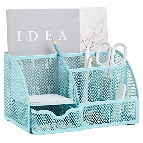 Annova Mesh Desk Organizer Office with 7 Compartments + Drawer/Desk Tidy Candy/Pen Holder/Multifunctional Organizer (Turquoise) - Image 1