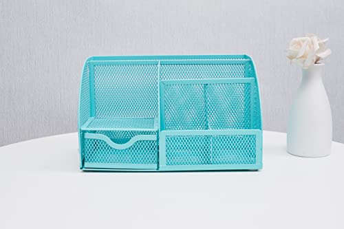 Annova Mesh Desk Organizer Office with 7 Compartments + Drawer/Desk Tidy Candy/Pen Holder/Multifunctional Organizer (Turquoise) - Image 3