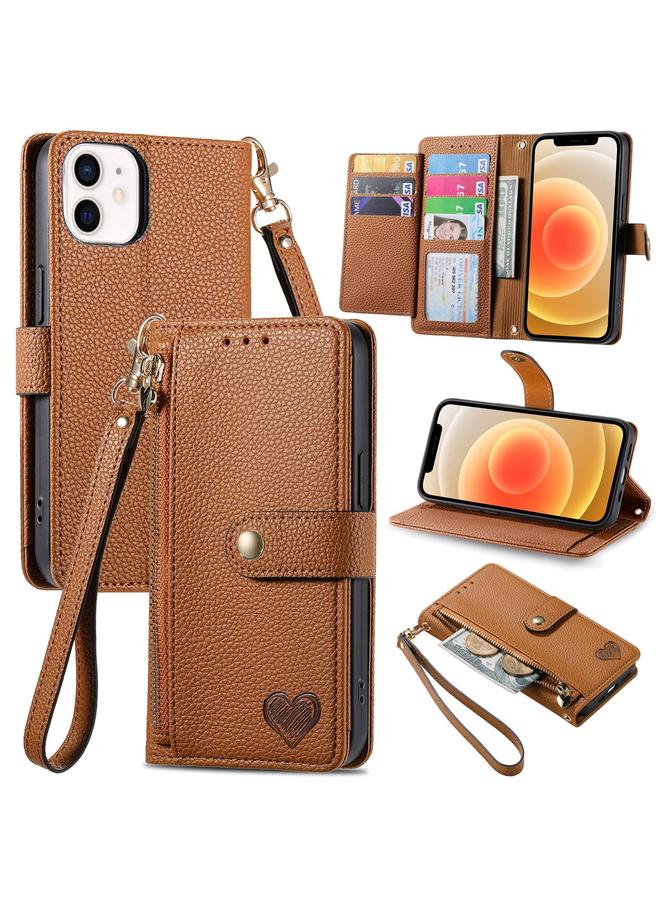 Zaboon Case For iPhone 12 mini Love Zipper Lanyard Leather Phone Case - Image 1