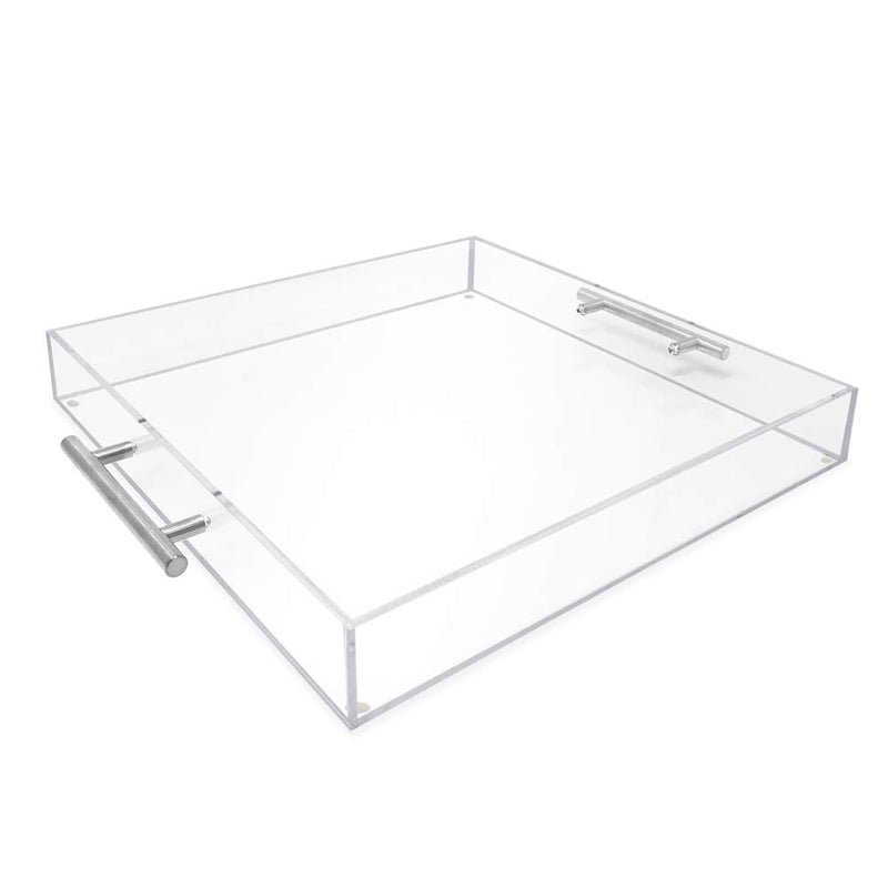 Isaac Jacobs Clear Acrylic Serving Tray 15x15 with Silver Metal Handles SpillProof Stackable Organizer Food  Drinks Server IndoorsOutdoors Lucite Storage 15x15 Clear with Silver Handle